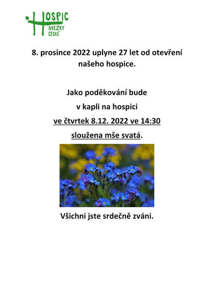 plakát na slavnostní mši svatou v Hospici